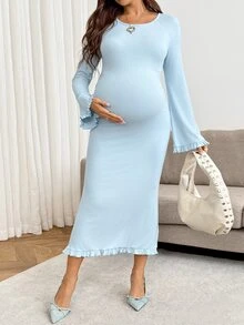 SHEIN Maternity Solid Color Round Neck Ruffle Hem Fashion Elastic Dress - Blue - View 6