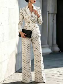 Penseblé Polka Dot Suit 2 Pieces Set, Matching Fabric Top And Bottom Design, Blending Professional Commuter Style With Retro Fashion. Suitable For Office Commute, Business Reception, And Casual Wear For Mature Women, Combining Formal And Looks. - Black and White - View 5