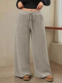 Lacomfia Quần ống rộng size lớn phong cách tối giản, cạp chun rút, có túi, mặc hàng ngày - Màu Khaki - Xem 5