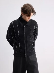 RONVEXI Men's Contrast Color Casual Versatile Daily Wear Cardigan - Black - View 3
