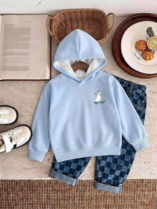 小男孩連帽長袖運動衫，舒適柔軟面料日常穿著，秋季服飾，適合秋冬日常穿著，街頭風秋冬可愛鵝卡通圖案百搭休閒運動衫，冬季套裝，運動服，街頭服飾 - 彩色 - 查看 2