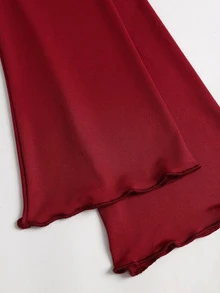 Sweetra Women's Premium Elegant Fashion Patchwork Same-Color Lace & Red Asymmetrical Hemline Large U-Neck Short Dress - Burgundy - View 5