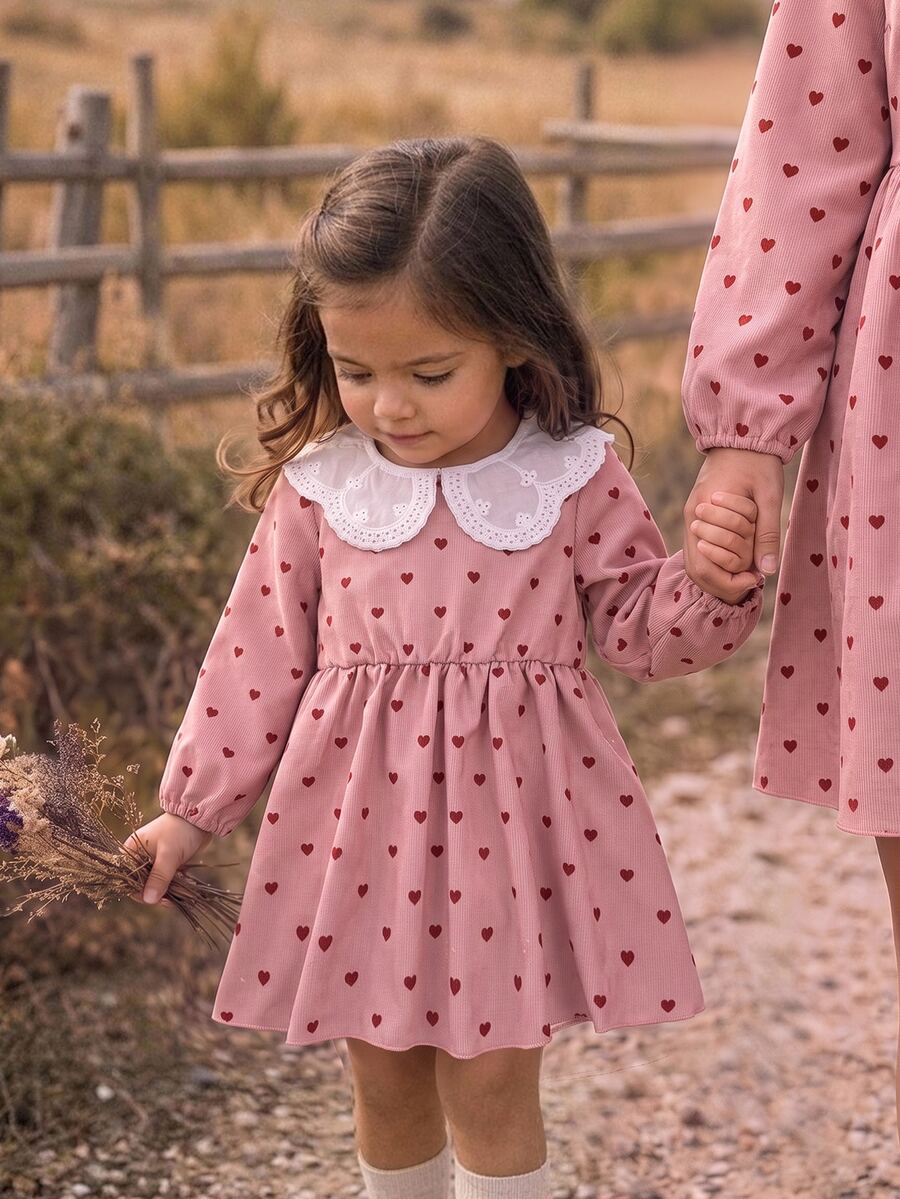 SHEIN Baby Girl Heart Pattern Pleated Casual Daily Summer Dress - Pink - View 1