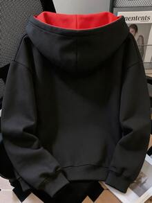 Resyla 女款秋季休閒雙層衛衣，豹紋印花圖案刺繡字母外套，街頭風，開學季，黑白配色 - 黑色 - 查看 2