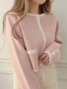Dazy Plus Plus Size Colorblock Patchwork Korean Style Button Knit Cardigan - Pink - View 1