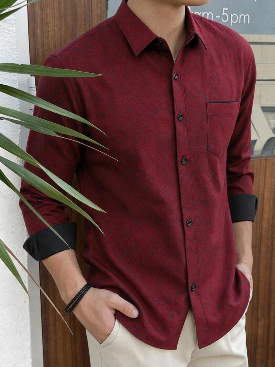 SHEIN Teen Boys Vintage Fashion Plaid Shirt - Burgundy - View 1