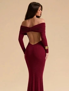 SHEIN BAE Women's Solid Burgundy Off-Shoulder Backless Dress With Extra Long Bow Decor, Christmas, Halloween - Burgundy - View 3