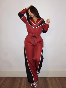 Slaydiva Women's Wine Red Black Color Block Piping Cropped Jacket Long Sleeve Zip Up Collar High Waist Wide Leg Pants Two Pieces Set Casual - Multicolor - View 1