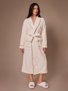 Lazeform Casual Soft Plush Textured Contrast Color Black & White Long Sleeve Open Front Lapel Belted Women's Loungewear Robe - Beige - View 6