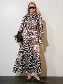 Aveloria Modichic Vintage Romantic Elegant Satin-Like Fabric Zebra Print Random Pattern Pleated Chest Waist-Cinching Puff Long Sleeve Women's Dress - Multicolor - View 5