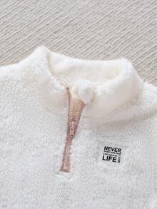 SHEIN 男童時尚休閒牛仔刺繡裝飾拉鍊領抓絨內裡厚實毛絨衛衣褲套裝，適合休閒日常外出、街頭、校園及多種場合，秋冬衛衣套裝，男童套裝 - 杏色 - 查看 6