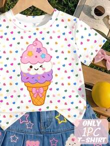SHEIN Playful Pals 女童T恤，四季穿著，春夏秋冬，舒適時尚街頭風，適合4-7歲女孩，甜美可愛冰淇淋彩虹愛心卡哇伊，度假日常上學聖誕節情人節 - 白色 - 查看 3