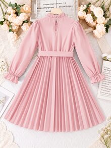 SHEIN 少女腰帶迷你洋裝，波浪下擺與腰帶裝飾，適合秋季、假日、夏季、旅行穿搭 - 粉色 - 查看 2