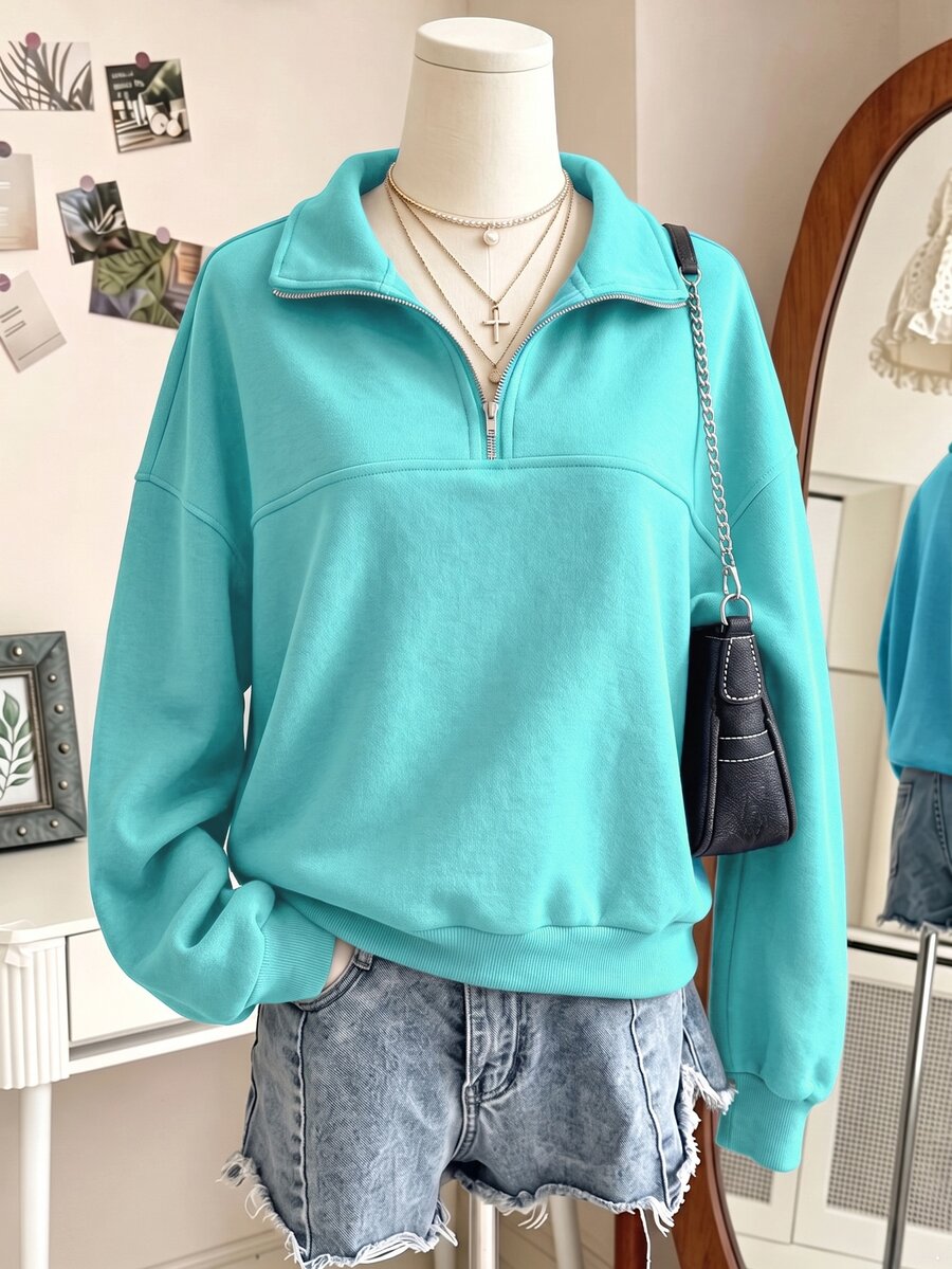 SHEIN 青少年女孩抓絨秋季服飾 休閒極簡拉鍊式落肩衛衣 秋冬保暖舒適日常穿搭長袖上衣 - 綠色 - 查看 1