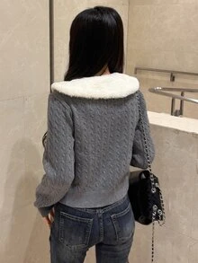 FRIFUL Women's Plush Patchwork Casual Versatile Daily Wear Cardigan - Grey - View 2