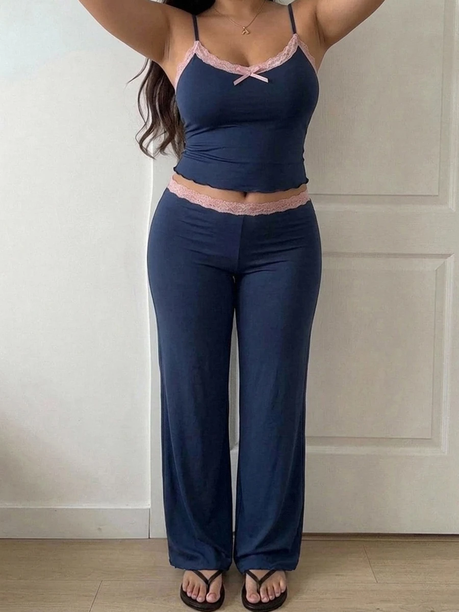 Dazy Plus Plus Size Women Lace Patchwork Bow Decor Sleeveless Camisole And Long Pants Loungewear Pajama Set - Dusty Blue - View 1