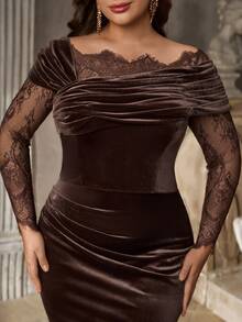 Aureia Plus Size Brown Lace Patchwork Elastic Velvet Mermaid Elegant Asymmetrical Shoulder Evening Gown - Coffee Brown - View 5