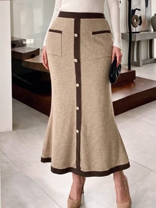 Modelyn Autumn/Winter Knit Colorblock Button Embellished Bodycon Fishtail Hem Elegant Plus Size Women's Skirt - Khaki - View 3