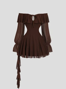 Sweetra Y2K Sexy Off-Shoulder Ruffle Hem Asymmetrical Hemline Versatile Elegant Commute Dress - Coffee - View 7