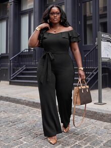 Slaydiva Plus Size Off Shoulder Ruffle Jumpsuit, High Waist Wide Leg Long Pants With Belt, Curvy Formal Party Outfit - Black - View 6