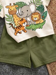 男嬰休閒簡約卡通動物印花T恤短褲套裝，適合夏季 - 彩色 - 查看 4
