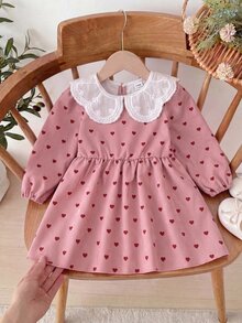 SHEIN Gaun Kasual Musim Panas Sehari-hari Berlipit Motif Hati untuk Bayi Perempuan - Berwarna merah muda - View 8