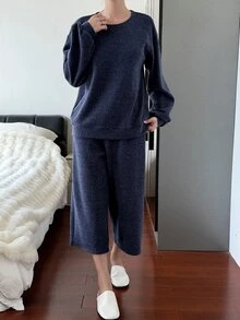 DAZY Women's Solid Color Long Sleeve Top And Pants Casual Daily Home Sleepwear Set - Navy Blue - View 8