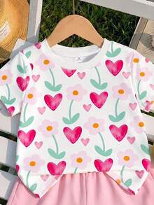 SHEIN Playful Pals 女童T恤，適合夏季、春季、秋季、冬季，四季穿著，舒適時尚，街頭風，適合4-7歲女孩，愛心、花卉、花朵、可愛、日系，日常舒適百搭，旅行、開學、聖誕節 - 白色 - 查看 4