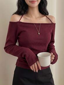 DAZY Solid Color Fitted Pleated Halter Neck Straight Neckline Elegant Vacation Korean Style Autumn/Winter Women's Sweater - Burgundy - View 1
