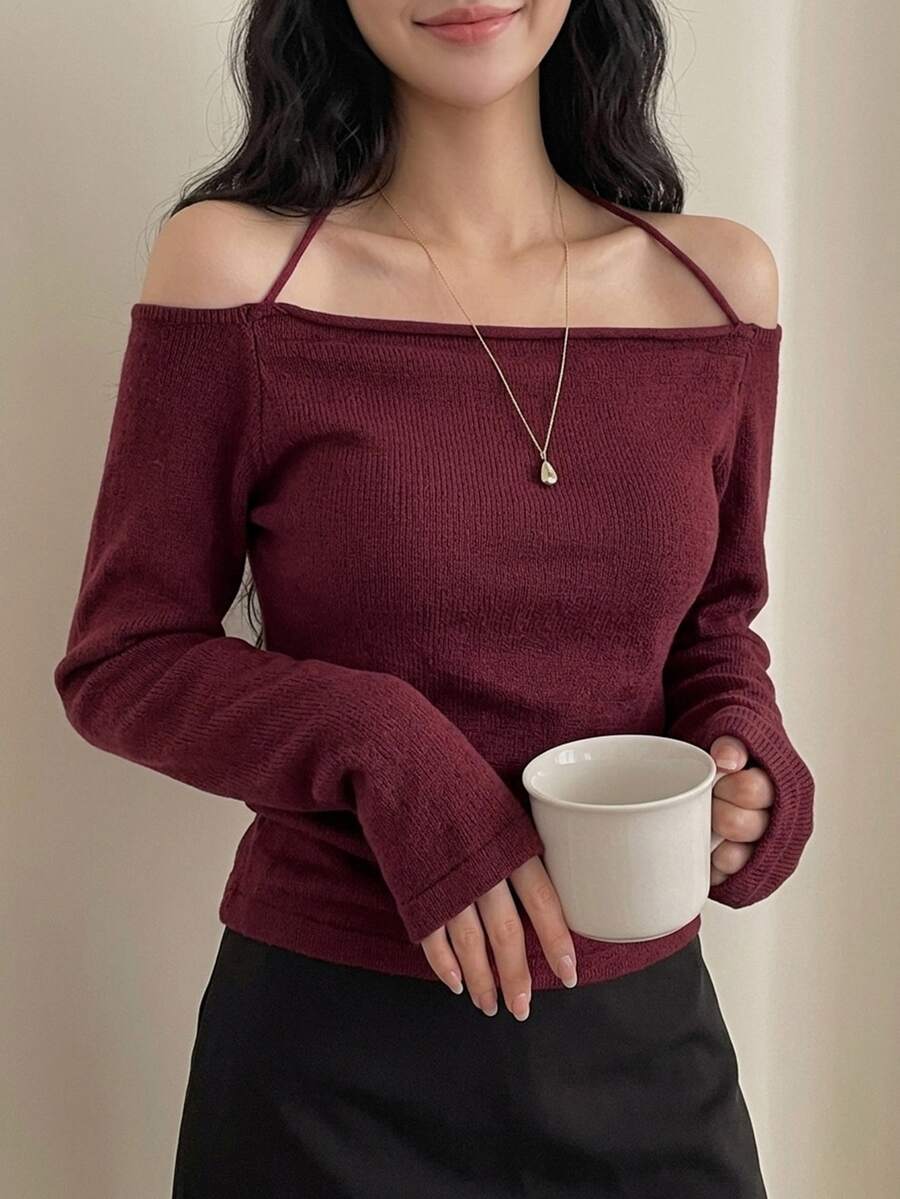 DAZY Solid Color Fitted Pleated Halter Neck Straight Neckline Elegant Vacation Korean Style Autumn/Winter Women's Sweater - Burgundy - View 1