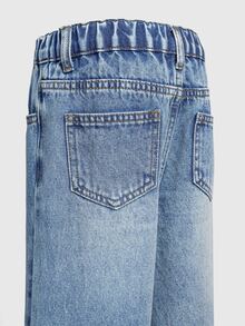 SHEIN 女童時尚可愛街頭風愛心刺繡寬鬆直筒牛仔長褲 - 中等水洗藍 - 查看 7