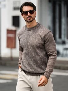 Marcello Vane 男士散點圖案長袖圓領時尚休閒毛衣 - 咖啡棕 - 查看 3