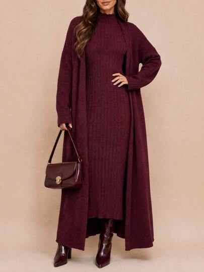 Amorya Women's Elegant Lazy Plum Red Sleeveless Knit Long Dress & Long Cardigan 2 Pieces Set