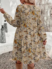 EMERY ROSE Höst/vinter ny avslappnad minimalistisk khaki blomsterprint rundhals lös midiklänning för kvinnor, lämplig för vår/höst Thanksgiving-outfit - Multifärgad - Visa 2