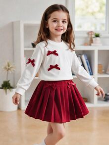 SHEIN Elladie kids Oung Girls 2件組秋季酒紅色長袖套頭衛衣搭配黑色蝴蝶結與百褶裙可愛學院風套裝秋季服飾 - 紅色 - 查看 3