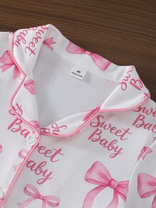 SHEIN 女童甜美可愛優雅休閒日常舒適粉色蝴蝶結英文字卡通印花開襟長袖上衣與長褲兩件套 柔軟親膚針織面料居家服 - 粉色 - 查看 8