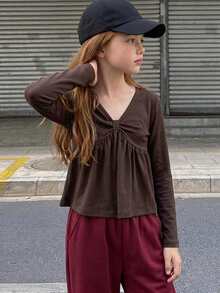 Hapijoa (Gadis Muda) Kaos Kasual Berkerah V, Pas Badan, Model Lapisan Dasar - Mocha Brown - View 1