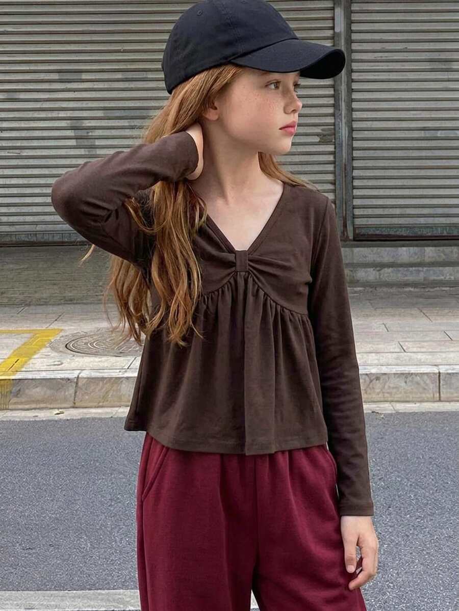 Hapijoa (Gadis Muda) Kaos Kasual Berkerah V, Pas Badan, Model Lapisan Dasar - Mocha Brown - View 1