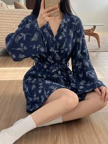 DAZY Leaf Pattern Loose Fit Short Cardigan Robe Women's Sleepwear - Navy Blue - View 8