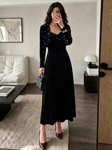 Modelyn Vintage Velvet Twisted Strap Dress With Beaded Short Cape, Cinched Waist And Flared Long Skirt, Party And Commute Outfit Velvet Black Fall/Winter - Black - View 5