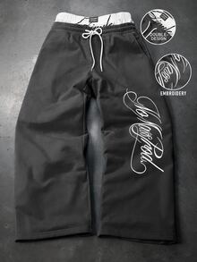 Manfinity Roghcode 男士字母印花雙層抽繩腰休閒運動長褲 灰色喇叭寬腿運動褲 Pro Club Sweat Pants - 深灰色 - 查看 1