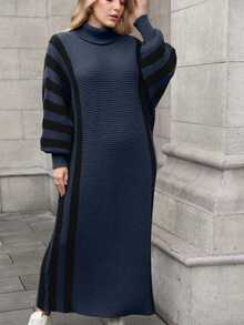 Linhara CURVE Plus Size Women Solid Color Knitted Dress, Striped Cuff High Neck Sweater Dress, Suitable For Christmas, Halloween, Back To School, Office, Vacation - Royal Blue - View 8