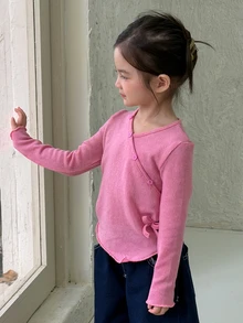 Dazy Kids Young Girl Solid Color Casual Versatile Daily Long Sleeve T-Shirt - Hot Pink - View 4