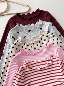 SHEIN LMoss Kids Baby Girl Knit Solid Color Polka Dot Striped Heart Pattern Ruffle Trim T-Shirt And Long Pants 10pcs -Piece Set - Burgundy - View 4