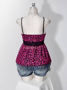 SHEIN ICON Women's Plus Size Y2K Millennium Style Contrast Lace Leopard Print Camisole Tank Top - Hot Pink - View 2