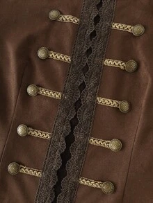 LUMIGAL Dark Brown Suede Round Neck Lace Trim Vintage Long Sleeve Women's Jacket - Coffee Brown - View 4