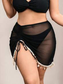Slaydiva Plus Size Women's Summer Beach Vacation Drawstring Ruched Starfish Shell Tassel Solid Color Textured Fabric Slit Skirt - Black - View 2