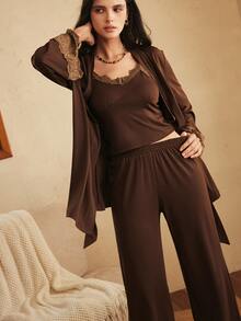 Lullawish Set Piyama Wanita Kasual Rumahan dengan Motif Renda dan Celana Panjang - Coklat - View 4
