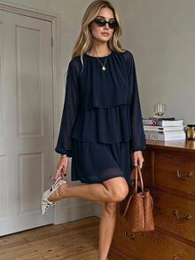 Serisse Women's Elegant Pleated Multi-Layer Ruched Long-Sleeved Dress For Autumn, Party Casual , Fall - Navy Blue - View 3