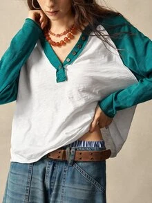 Bohemela 休閒針織拼色半鈕扣前襟女款T恤 - 綠色 - 查看 7